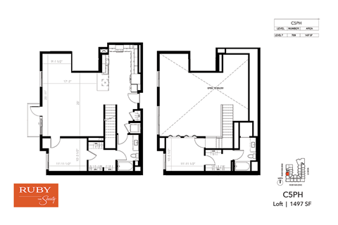Floor plan for 2 beds, 2 baths, 1497 sqft