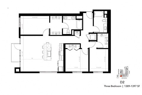Floor plan for 3 beds, 2 baths, 1389 sqft