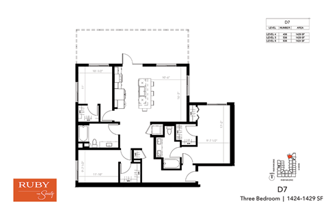 Floor plan for 3 beds, 2 baths, 1429 sqft