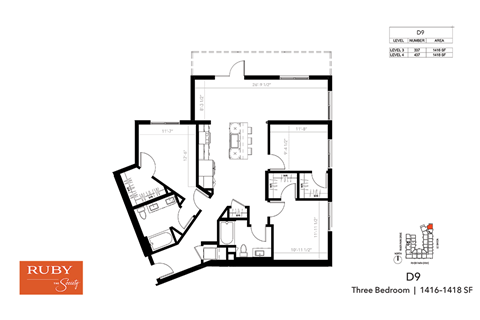 Floor plan for 3 beds, 2 baths, 1418 sqft