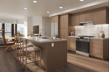 San Diego apartment for rent - A modern kitchen with wooden cabinets and a large island.