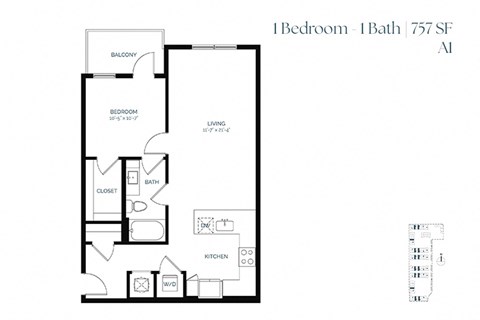 Floor plan for 1 bed, 1 bath, 757 sqft
