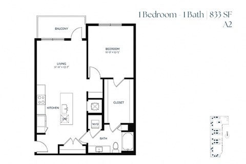 Floor plan for 1 bed, 1 bath, 833 sqft