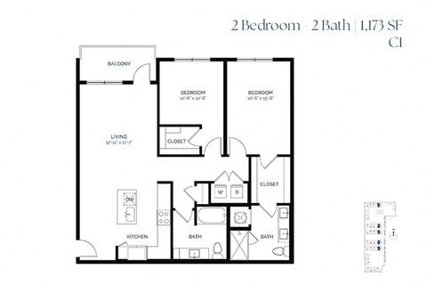 Floor plan for 2 beds, 2 baths, 1173 sqft
