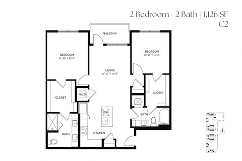 Floor plan for 2 beds, 2 baths, 1126 sqft