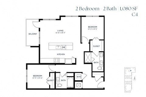 Floor plan for 2 beds, 2 baths, 1080 sqft