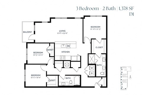 Floor plan for 3 beds, 2 baths, 1378 sqft