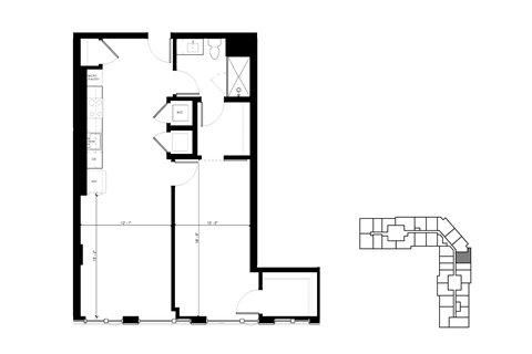 Floor plan for 1 bed, 1 bath, 904 sqft