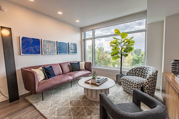 Denver apartment for rent - a living room with couches and chairs and a large window
