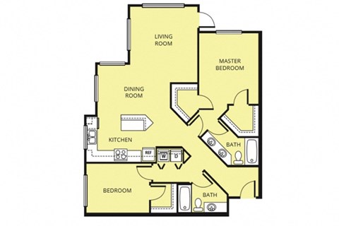 Floor plan for 2 beds, 2 baths, 1289 sqft