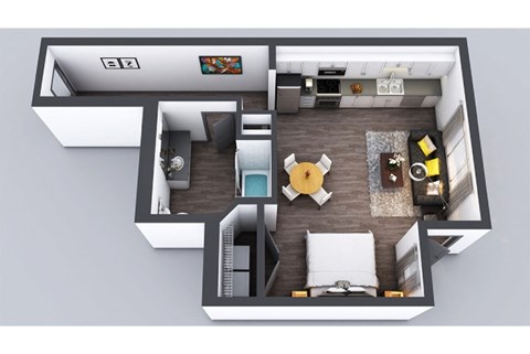 Floor plan for studio, 1 bath, 626 sqft