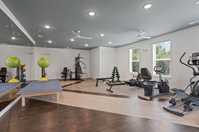 Charlotte townhouse for rent - Ovata at Reedy Creek Senior Apartments in Charlotte NC Fitness Center with elliptical, stationary bike, dumbbells, benches, yoga balls, chest press and leg press.