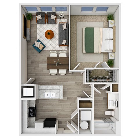 Floor plan for 1 bed, 1 bath, 750 sqft
