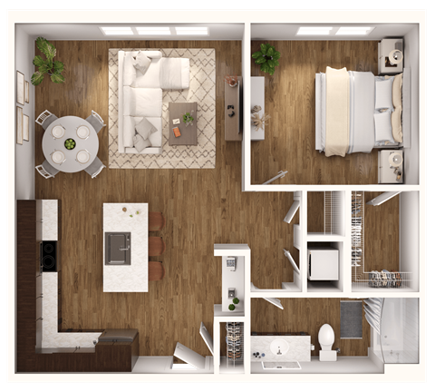 Floor plan for 1 bed, 1 bath, 772 sqft