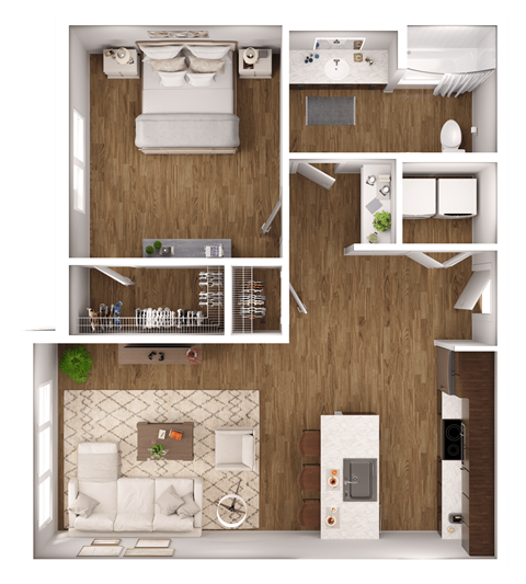 Floor plan for 1 bed, 1 bath, 738 sqft