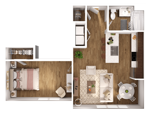 Floor plan for 1 bed, 1 bath, 654 sqft