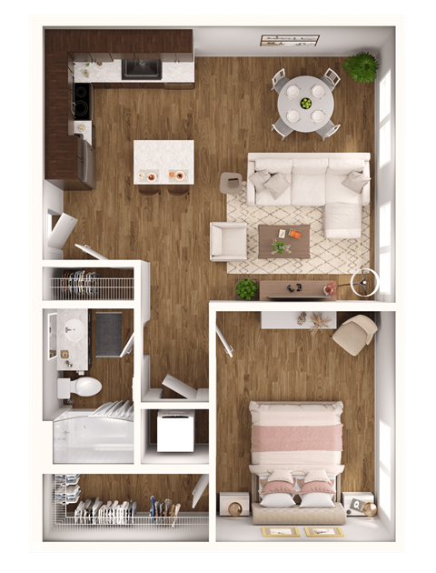Floor plan for 1 bed, 1 bath, 653 sqft