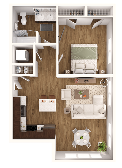 Floor plan for 1 bed, 1 bath, 668 sqft