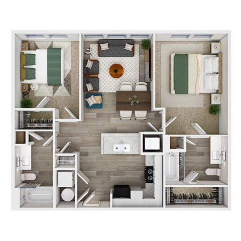 Floor plan for 2 beds, 2 baths, 1073 sqft