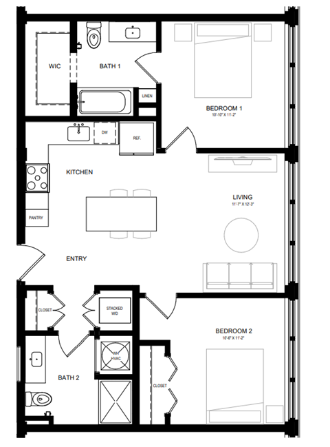 Floor plan for 2 beds, 2 baths, 890 sqft