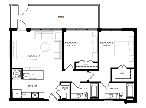 Floor plan for 2 beds, 2 baths, 1059 sqft