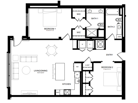 Floor plan for 2 beds, 2 baths, 1373 sqft