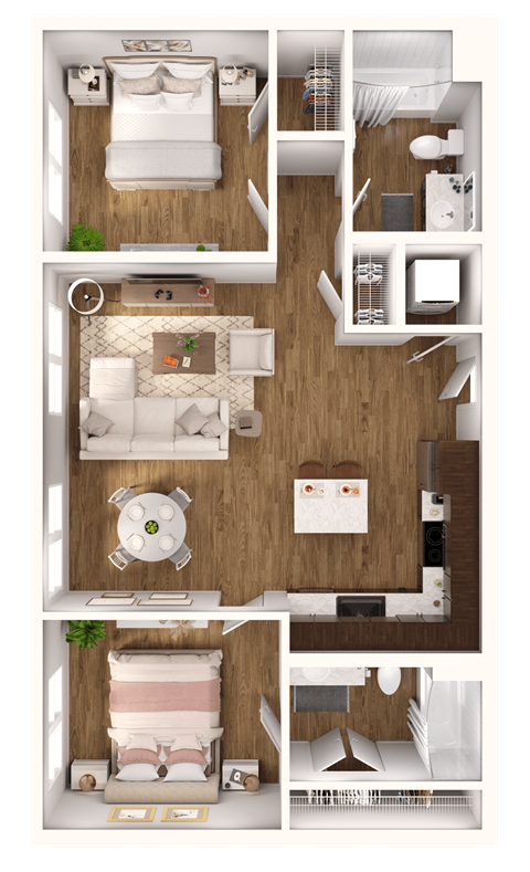 Floor plan for 2 beds, 2 baths, 838 sqft