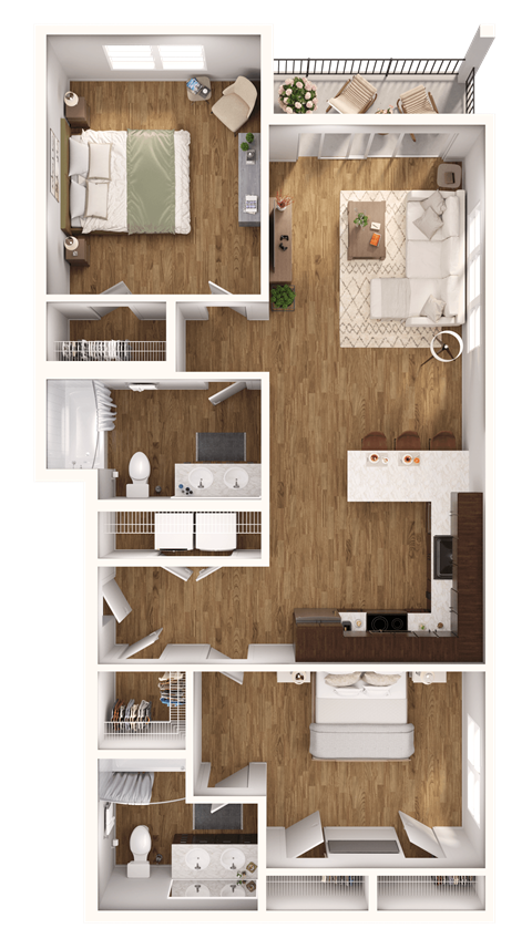 Floor plan for 2 beds, 2 baths, 1042 sqft