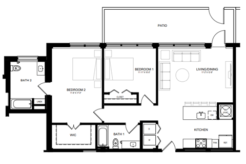 Floor plan for 2 beds, 2 baths, 1179 sqft