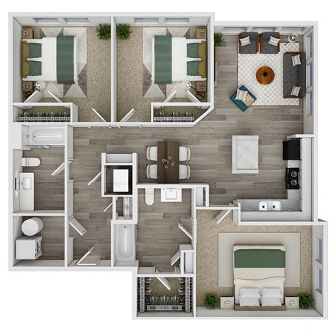 Floor plan for 3 beds, 2 baths, 1249 sqft