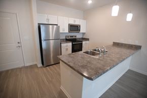 Greenville apartment for rent - A kitchen with a stainless steel refrigerator and a microwave above the stove.
