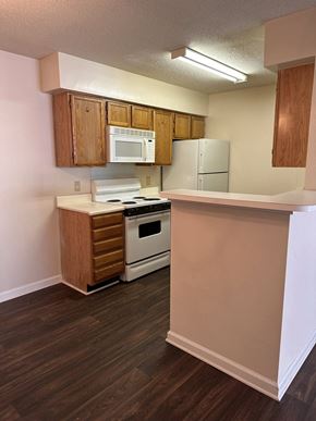 Easley apartment for rent - A kitchen with a white microwave above a white stove.