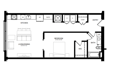 Floor plan for studio, 1 bath, 828 sqft