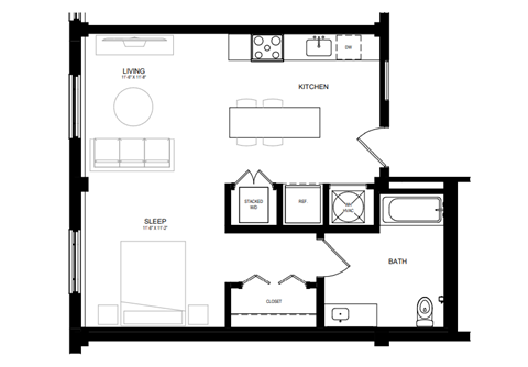 Floor plan for studio, 1 bath, 663 sqft