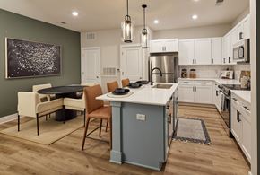 Calabash apartment for rent - A kitchen with a table and chairs in front of a green wall.