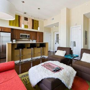 Tulsa apartment for rent - A living room with a white fur throw on a brown couch.