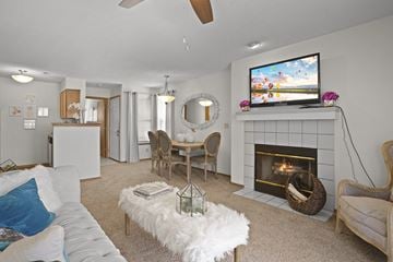 Wichita apartment for rent - A living room with a fireplace and a television mounted above it.