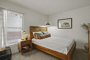 El Paso apartment for rent - A bedroom with a large bed and a small nightstand with a lamp.
