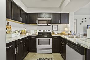 Amarillo apartment for rent - A modern kitchen with black cabinets and stainless steel appliances.