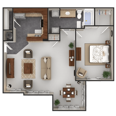 Floor plan for 1 bed, 1 bath, 879 sqft