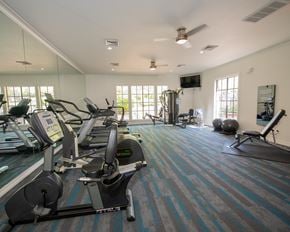 Little Rock apartment for rent - A gym with treadmills, elliptical machines, and a television.
