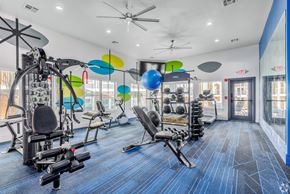 Norman townhouse for rent - A gym with a variety of equipment including weights and a treadmill.