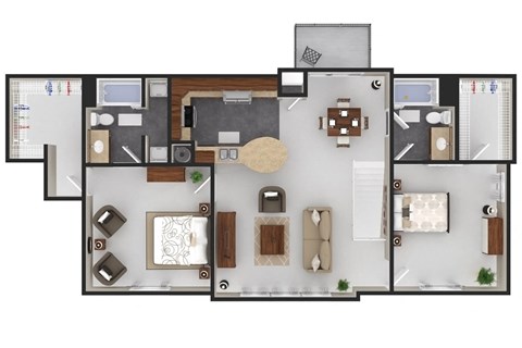 Floor plan for 2 beds, 2 baths, 1267 sqft
