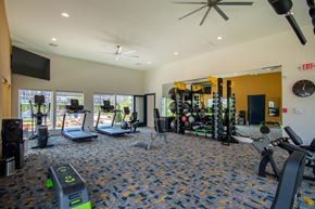 Belton apartment for rent - A gym with a variety of equipment including treadmills, weights, and a television.