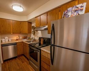 Oklahoma City apartment for rent - A kitchen with a stainless steel refrigerator, oven, and dishwasher.