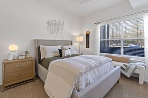 Ridgeland apartment for rent - A bedroom with a large bed, a nightstand with a lamp, and a window with blinds.
