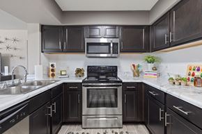 Temple apartment for rent - A modern kitchen with dark brown cabinets and stainless steel appliances.