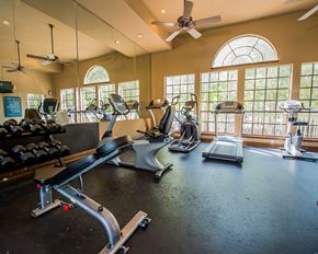 Ridgeland apartment for rent - A gym with treadmills, elliptical machines, and a fan.