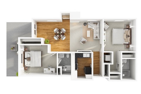 Floor plan for 2 beds, 2 baths, 937 sqft