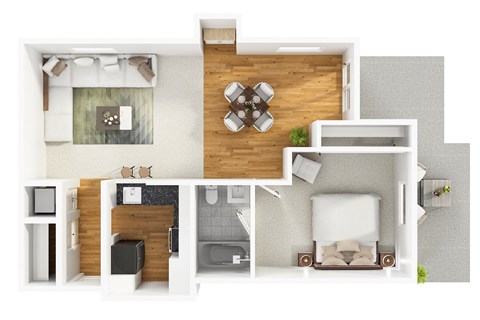 Floor plan for 1 bed, 1 bath, 732 sqft